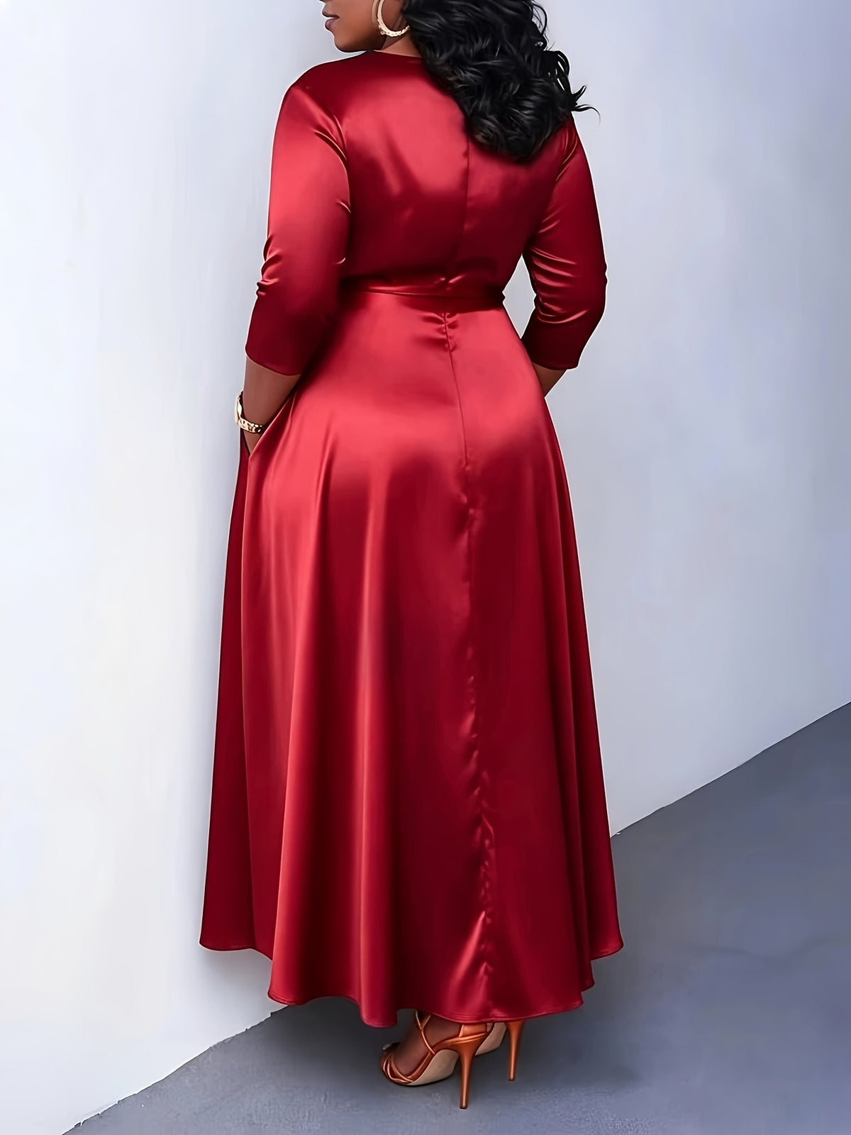 Western Fashion Temperament Solid Round Neck Tie-Up Three-Quarter Sleeve Dress - Burgundy
