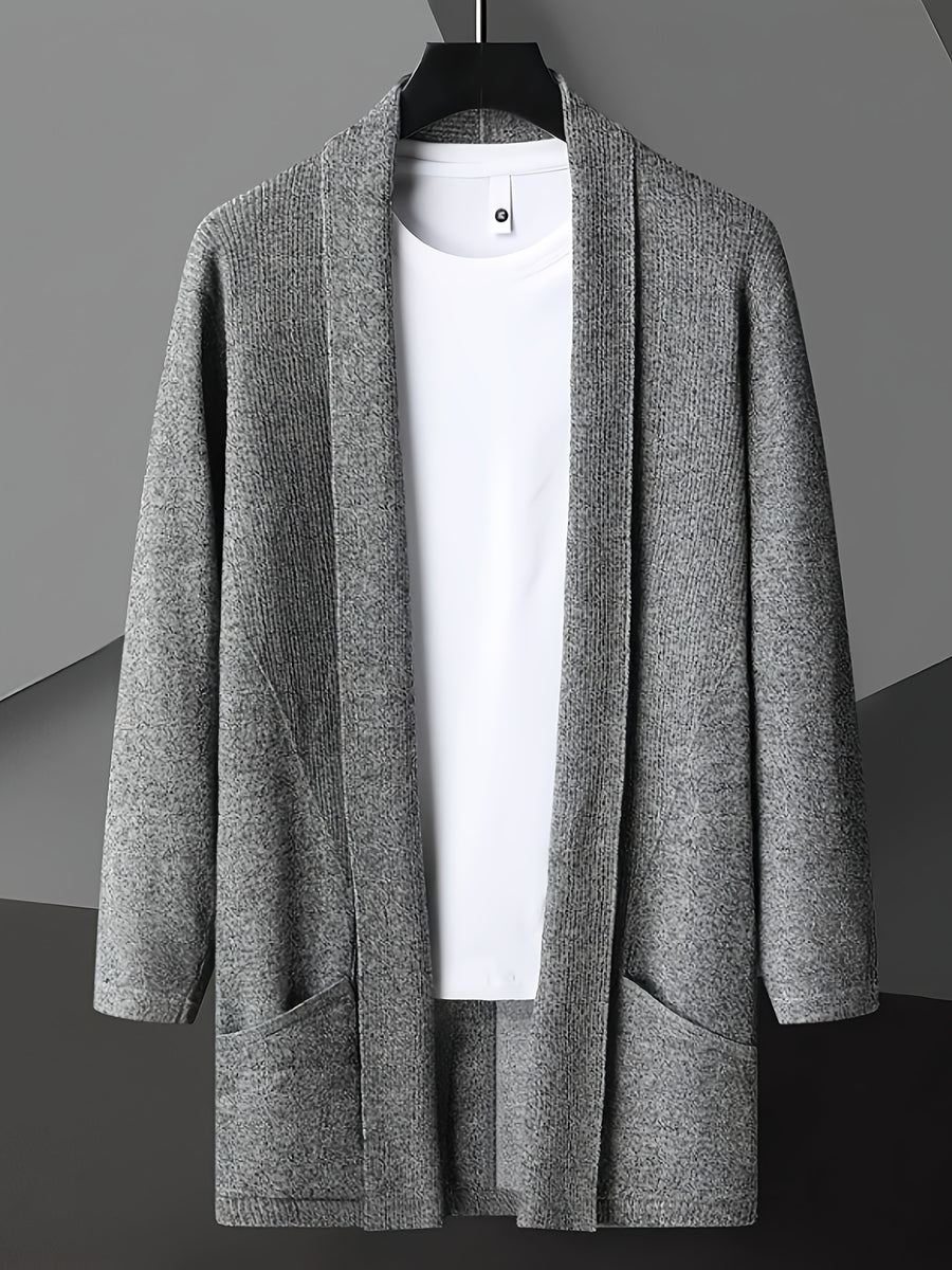 2025 Spring New Men's Street Style Long Sleeve Cardigan Sweater - Soft Stretch Knit Open Front Lapel Design, Regular Fit Long Length for Spring/Autumn Transitional Weather, Hand Washable Versatile Casual Outerwear, Sweater Cardigan - WE8296 Gray