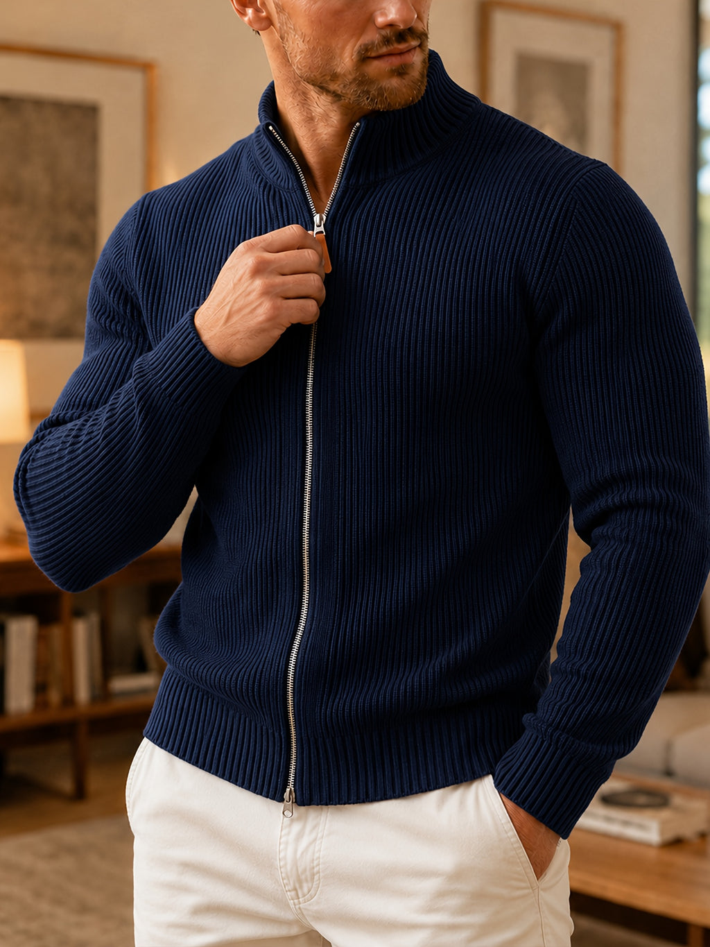 Du Jing Lan OBM Autumn/Winter New Men's Knit Cardigan, Thickened Warm Old Money Style Textured Ribbed Solid Color Double Zipper Open Front Long Sleeve Knit Sweater, Men's Business Casual Daily Basic Knit Base Layer Top, Suitable for Spring and Autumn - Navy Color