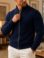 Du Jing Lan OBM Autumn/Winter New Men's Knit Cardigan, Thickened Warm Old Money Style Textured Ribbed Solid Color Double Zipper Open Front Long Sleeve Knit Sweater, Men's Business Casual Daily Basic Knit Base Layer Top, Suitable for Spring and Autumn - Navy Color