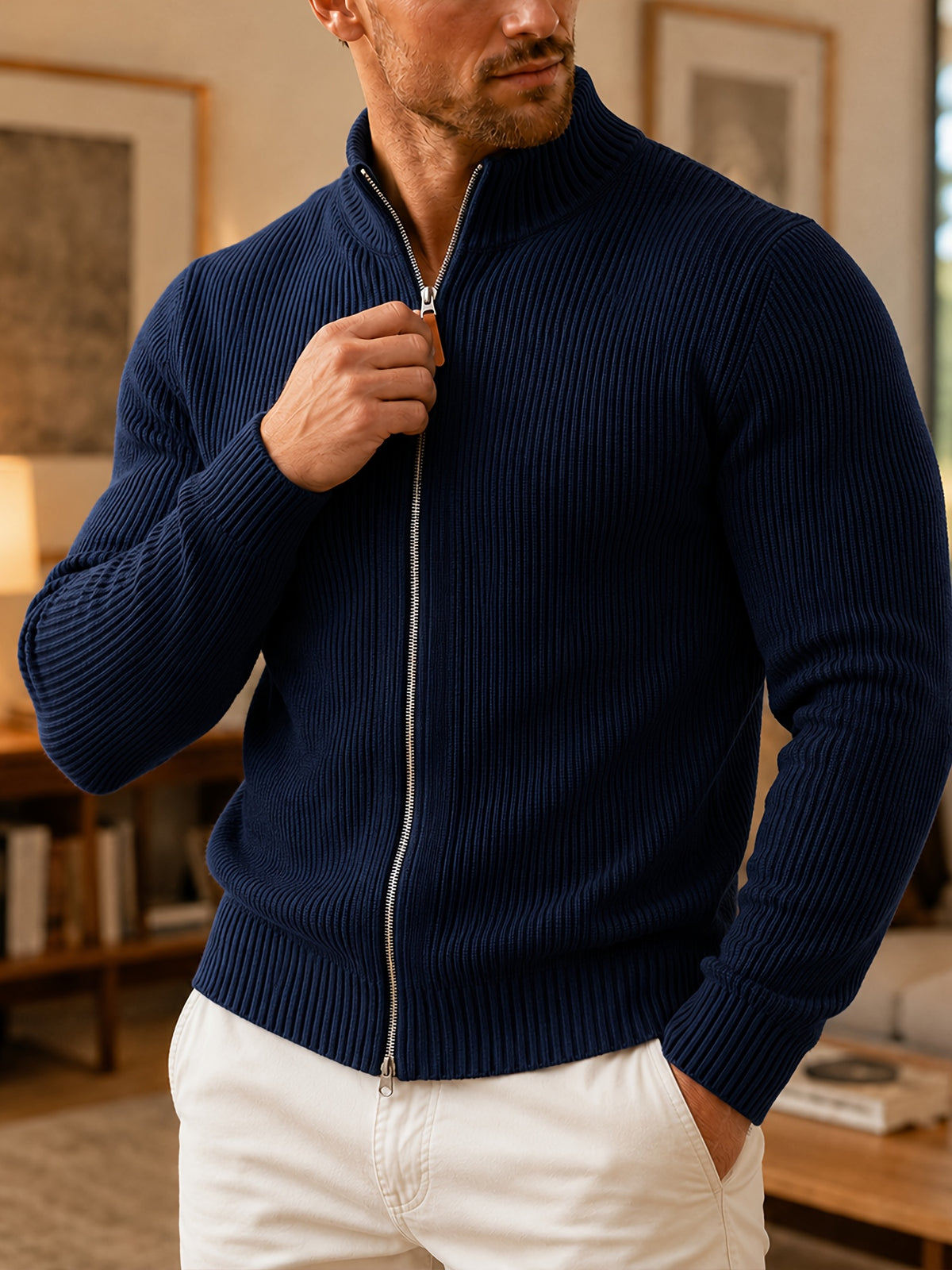 Du Jing Lan OBM Autumn/Winter New Men's Knit Cardigan, Thickened Warm Old Money Style Textured Ribbed Solid Color Double Zipper Open Front Long Sleeve Knit Sweater, Men's Business Casual Daily Basic Knit Base Layer Top, Suitable for Spring and Autumn - Navy Color