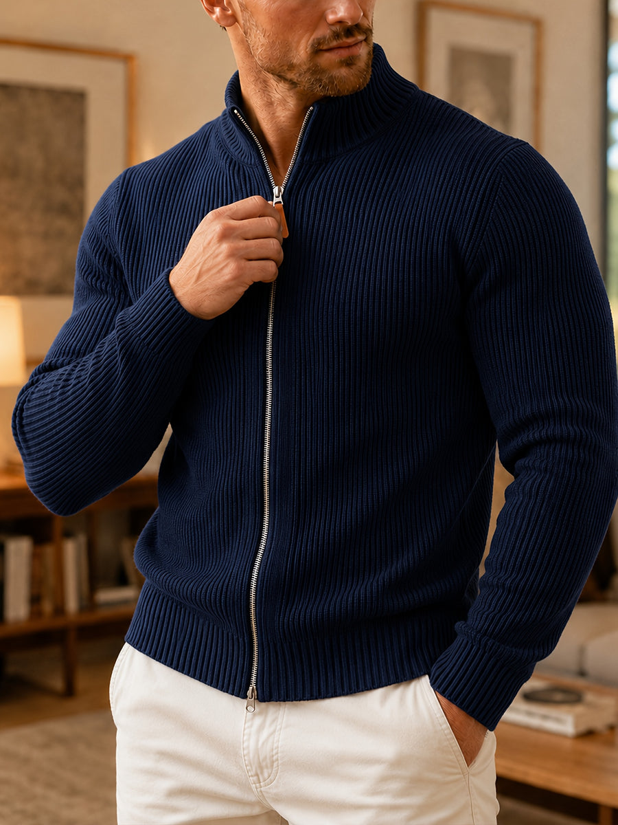 Du Jing Lan OBM Autumn/Winter New Men's Knit Cardigan, Thickened Warm Old Money Style Textured Ribbed Solid Color Double Zipper Open Front Long Sleeve Knit Sweater, Men's Business Casual Daily Basic Knit Base Layer Top, Suitable for Spring and Autumn - Navy Color