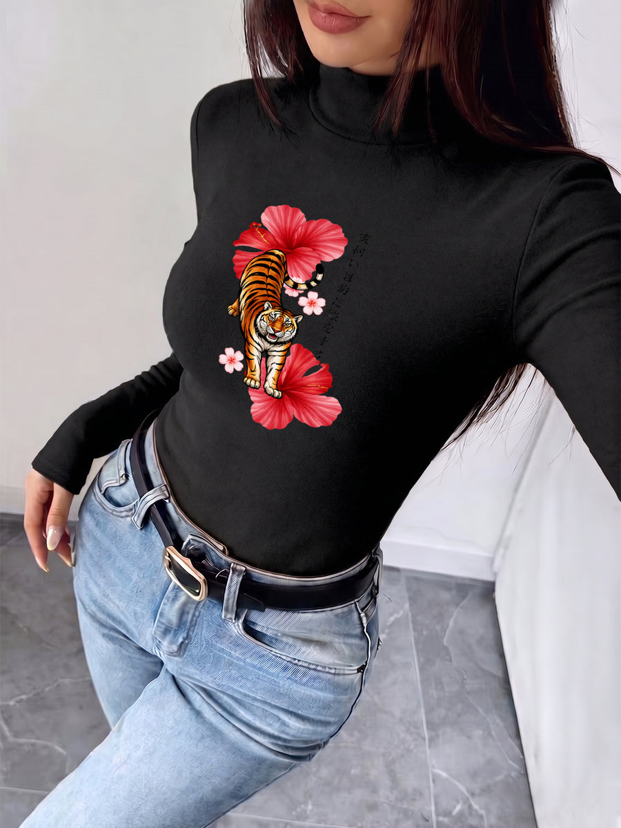 Women'S 2026 New Fashion Half-Neck Long Sleeve Body Suit, Casual Texture Autumn Winter Style, Essential Base Layer for Fall Winter, Slim Sexy Comfortable Warm, Printed with "Tiger Hibiscus Flower Japanese Art" - Black
