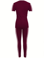 Women'S Casual Two-Piece Set with Round Neck And Short Sleeves Featuring Printed Letters - Burgundy