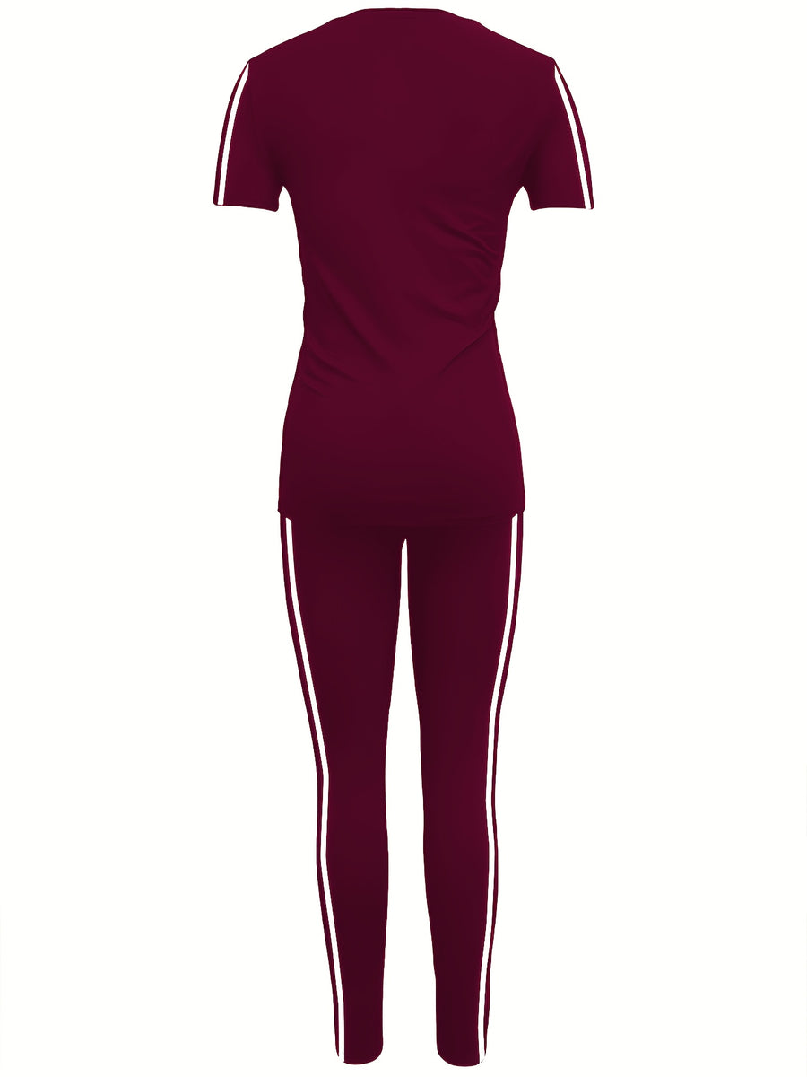 Women'S Casual Two-Piece Set with Round Neck And Short Sleeves Featuring Printed Letters - Burgundy