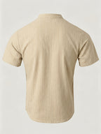 1pc Men'S Striped Short-Sleeve Henley Shirt, Lightweight Breathable Half-Button Casual Top, Linen Blend Regular Fit, Multi-Color Available, Suitable for Daily Wear, Travel, Vacation, And Home Leisure - Khaki