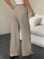 Women's Elegant Tie-Waist Wide-Leg Pants - Solid Color Machine-Washable Trousers for Spring, Summer, and Autumn, Versatile and Comfortable Style with Pockets for Both Casual and Formal Wear - Khaki