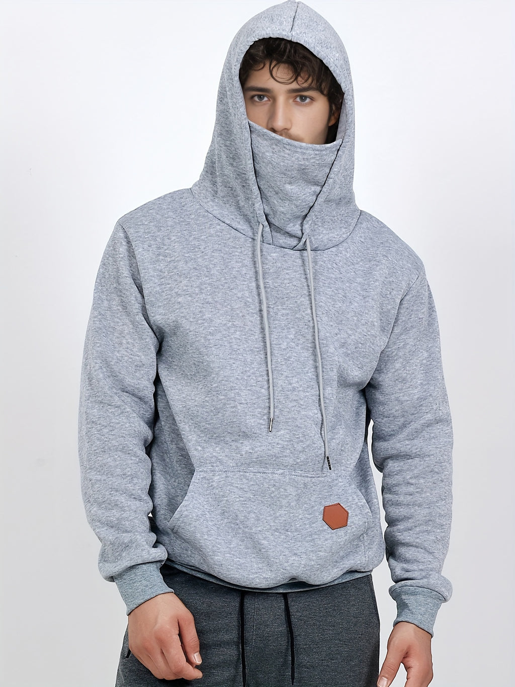 Sports And Fitness Casual Hoodie, European And American Style Autumn/Winter Men'S Hooded Long-Sleeve Fleece Hoodie Outdoor Casual Men'S Face Mask Hoodie Top - Light Grey