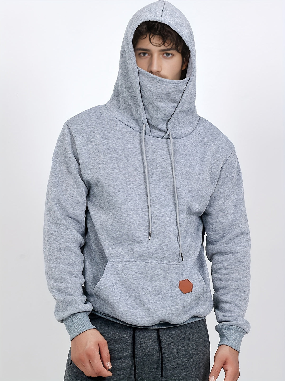 Sports And Fitness Casual Hoodie, European And American Style Autumn/Winter Men'S Hooded Long-Sleeve Fleece Hoodie Outdoor Casual Men'S Face Mask Hoodie Top - Light Grey