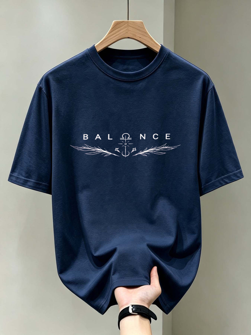 Men'S Short-Sleeved Printed T-Shirt, Item, Abstract Graphic Design with White Elements on Black Background, Regular Fit, Perfect for Casual, Work, Vacation, Everyday Casual, Back-To-School Season - Navy Color