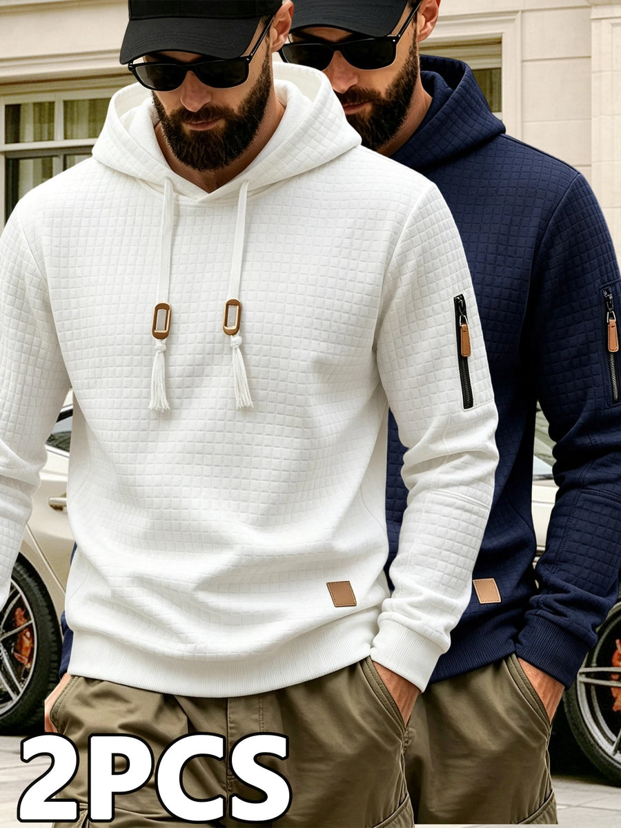 2pcs Men'S Checkered Hooded Sweatshirts, Long Sleeve Pullover Tops, Regular Fit Knit Fabric, with Zippered Pockets, Soft Stretch Knit Sweater, Lightweight Casual, Suitable for Spring Fall Travel Streetwear - + Navy Blue