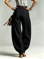 Commuter Fashion Solid Color Pocket Loose Women'S High-Waist Slim Trousers - Black