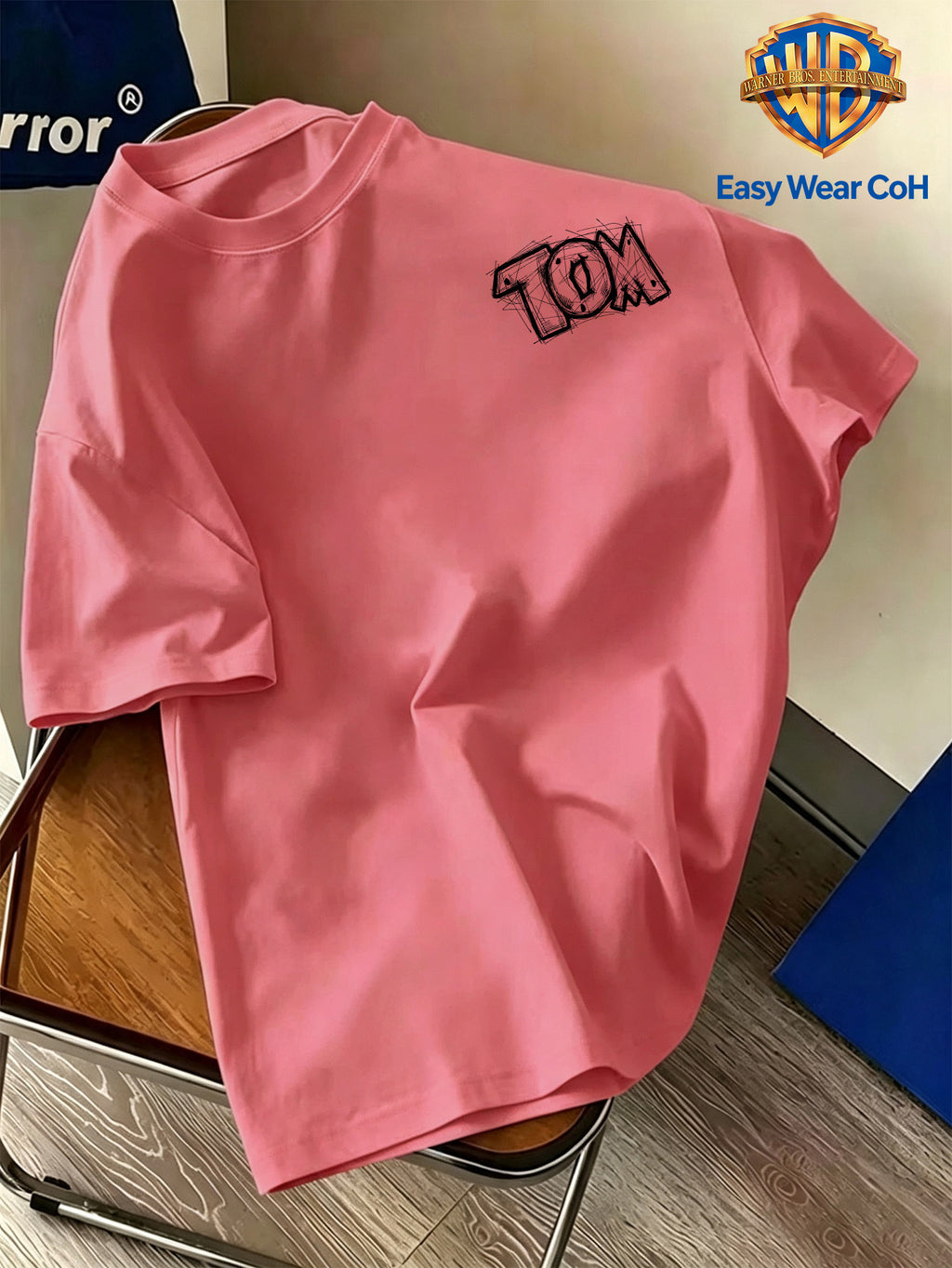 Warner Authorized New Preppy Style Men'S Short Sleeve T-Shirt, Hand-Drawn Sketch Style Cartoon Creative Niche Pattern Print, Chest with "TOM" Letter Sketch, Unique And Non-Mass-Produced, Comfortable Breathable Skin-Friendly Fabric - Watermelon Red