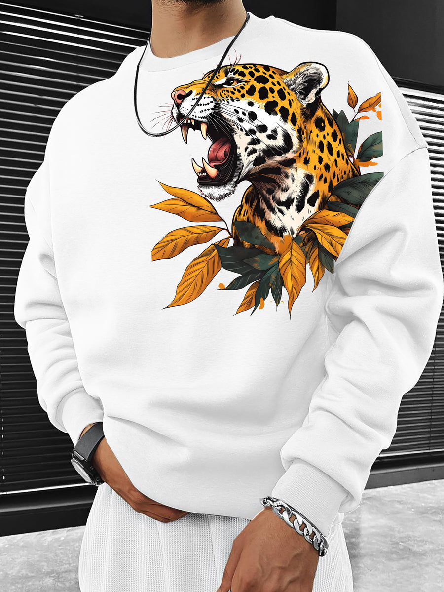 Cheetah Autumn Leaf Themed Men'S Crew Neck Sweatshirt | A Wild Trendy Top! Designed for Animal Lovers, Perfect for Stylish Socializing Or Casual Wear, And Easy to Care for As It Is Machine Washable - White