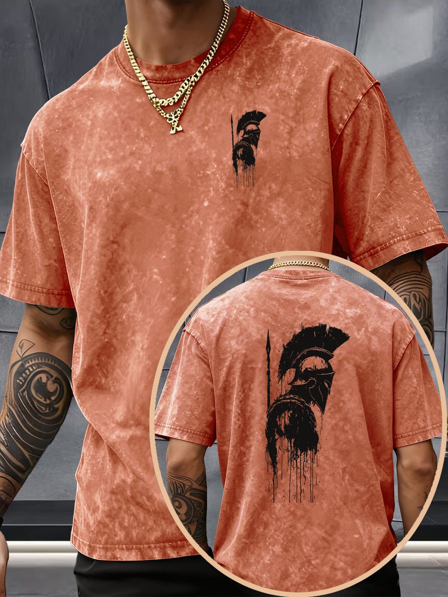 Short Sleeve T-Shirt, 100% Washed Distressed Loose Fit, Front And Back Double Print of Dark Ink Warriors, Casual Street Y2K Hip-Hop Style Couple'S Daily Commute Fitness Outing Statement Top - Orange