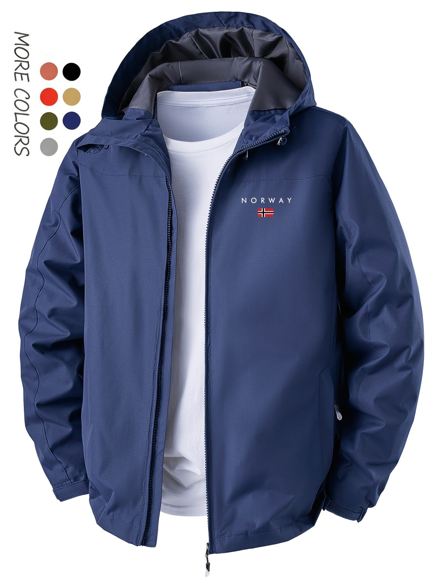 Norway Element Print Jacket Autumn Winter Men'S Outdoor Sports Mountaineering, Hiking Solid Color Jacket Hooded Easy Versatile Youth Fashion Thin Travel Casual Outerwear Men - Deep Blue