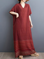 Plus Size Loose Comfortable Easy V-Neck Tie-Pocket Home Robe - Brick Red