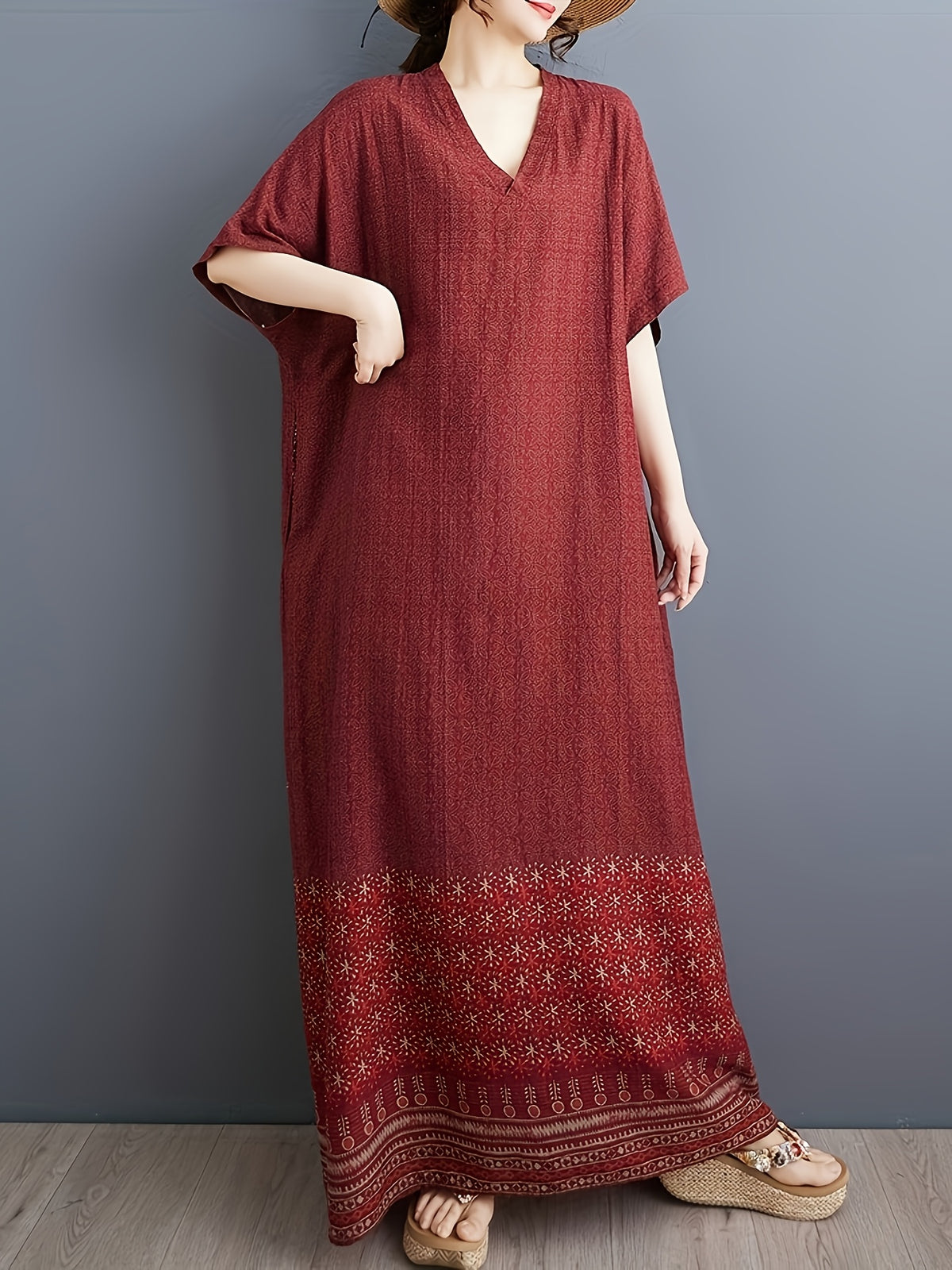 Plus Size Loose Comfortable Easy V-Neck Tie-Pocket Home Robe - Brick Red