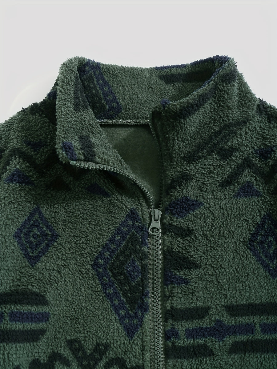 Women's Ethnic Print Microfleece Plush Zip-Up Jacket - Green