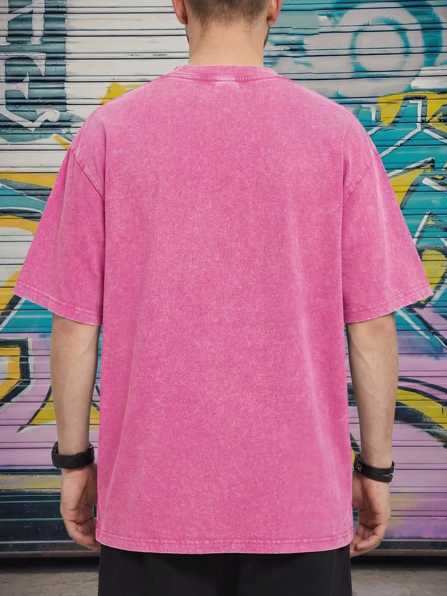 Relaxed Fit Distressed T-Shirt - Made from 100%, Heavyweight Vintage Washed Tee, Unisex Premium Quality Shirt - Rose Red