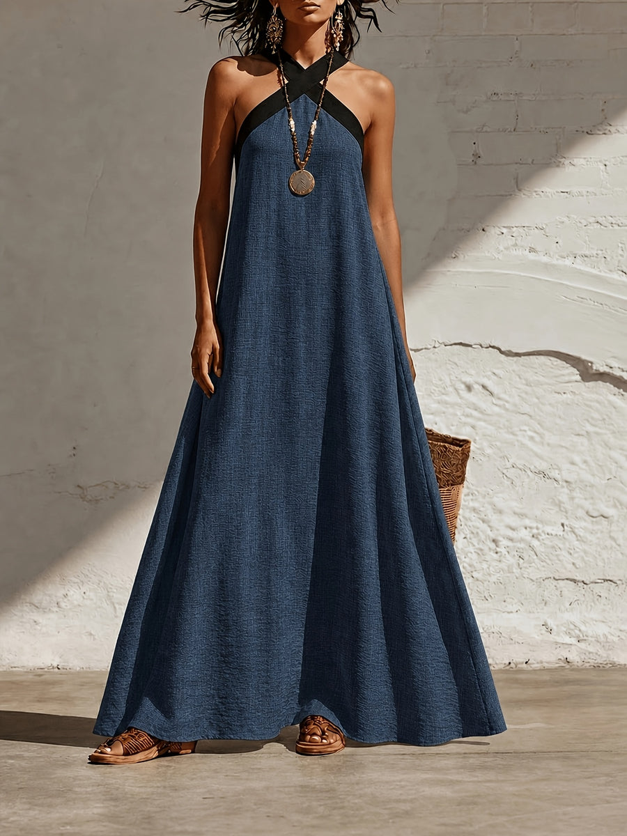 Elegant and Fashionable Women's Faux - Long Maxi Dress with Contrasting Colorblocking and A-line Hem, Featuring Crisscross Spaghetti Straps. Comfortable for Casual Outings, Vacations, Dates, and Romantic Beachwear, This Off-shoulder and Backless - Navy Color