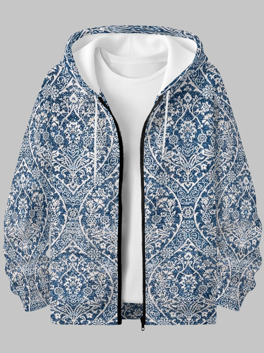 Autumn Winter Men'S Casual Hoodie Retro Blue White Checkered Hooded Zipper Jacket Easy Versatile - Mixed colors