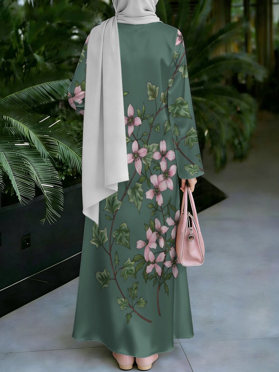 Women'S Hot Middle Eastern Style Muslim Elegant Robe, Deep Green Background with Pink Floral Print Long Dress, Loose Off-Shoulder Long Sleeve, for Daily Prayer And Social Occasions, Flowing Breathable Non-Embroidered Fabric - Mixed colors