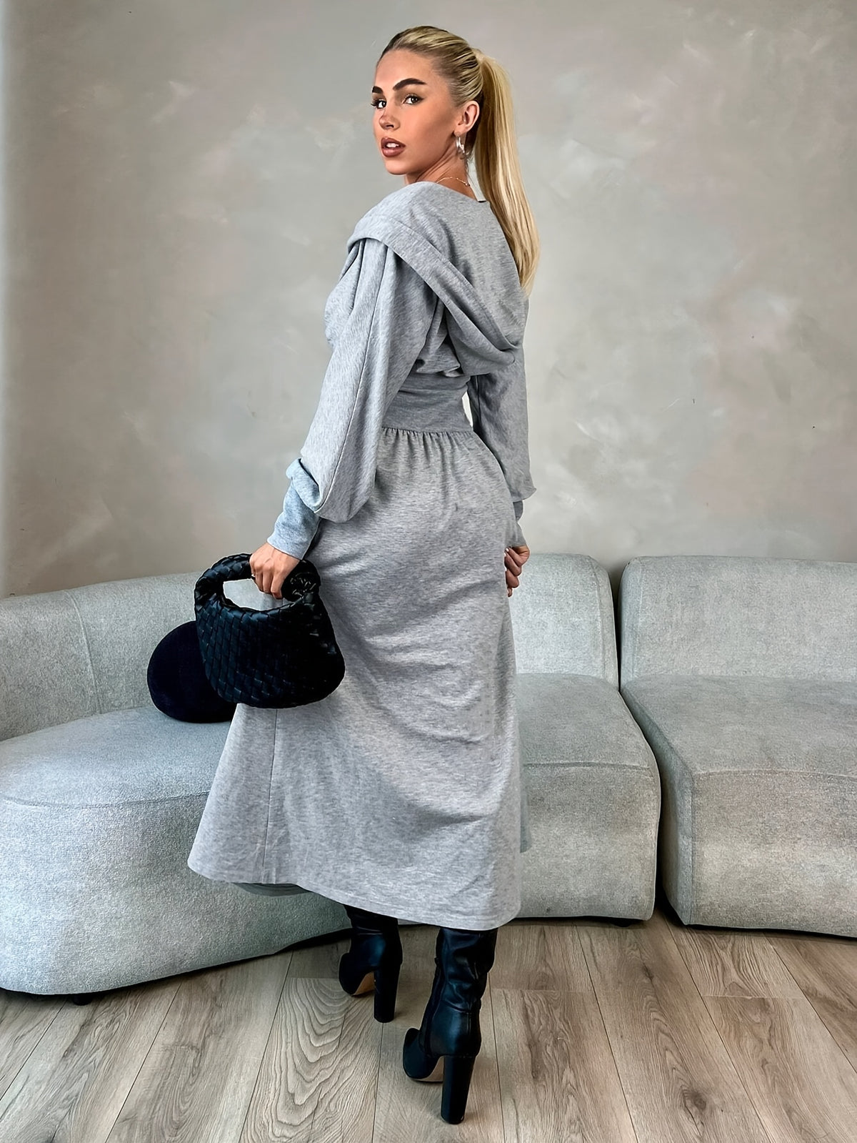 Plus Size Fashion Women's Dress, Cinched Waist Long Sleeve Hooded Collar Casual Sporty Sweatshirt Dress, Outdoor Streetwear Versatile Relaxed Hooded Dress, Simple Daily Solid Color Dress, Fashionable Women's Clothing - Grey