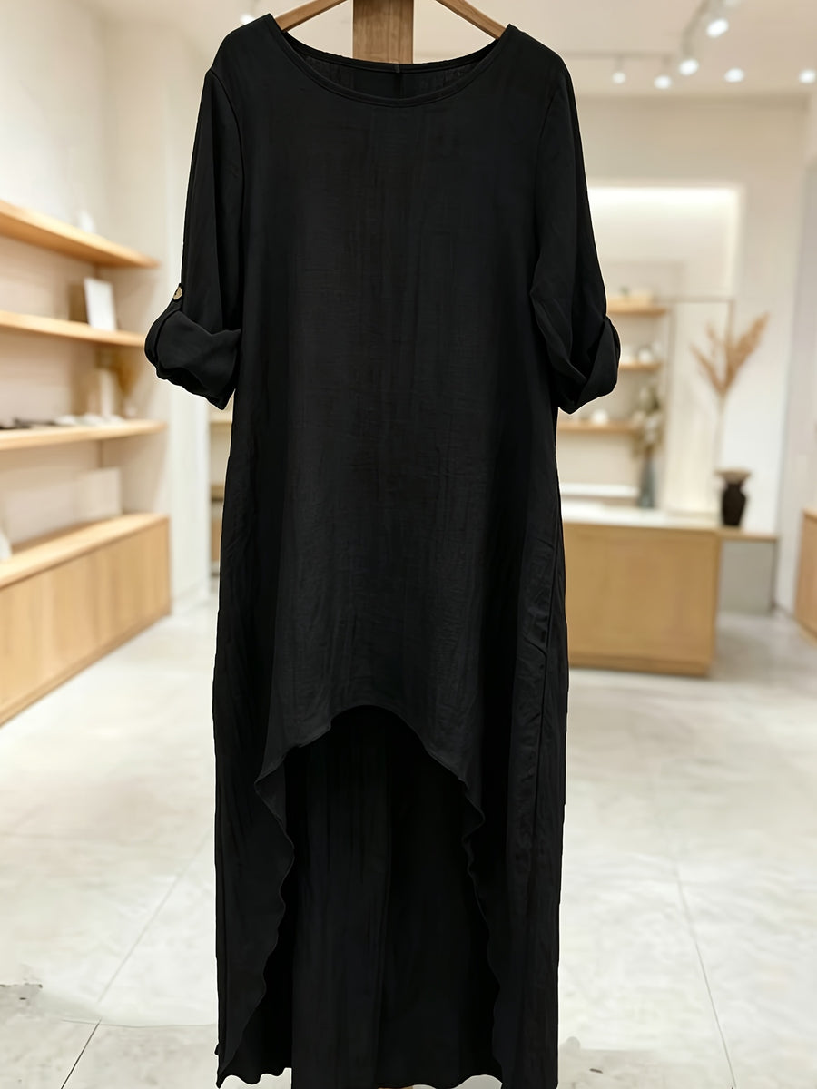 Women' Elegant Asymmetric Oversized Shirt - Loose Fit Long Sleeve Round Neck Blouse with Short Front & Extended Back Length, Layering Piece Suitable for Spring/Fall, Casual to Dressy Wear (No Stretch) - Black