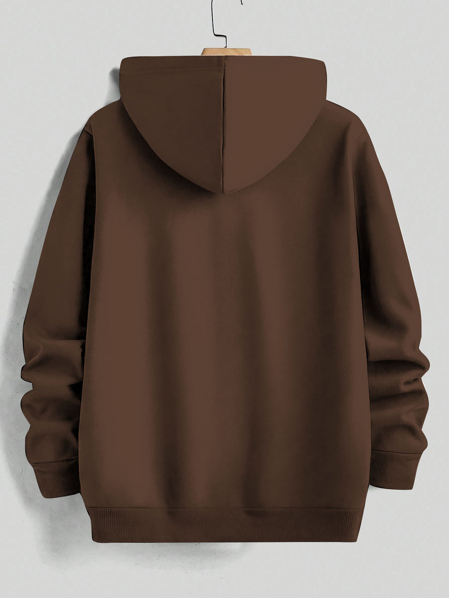 Retro Minimalist Cursive Small Print Men'S Hooded Sweatshirt Kangaroo Pocket Drawstring Hoodie Versatile Trendy Top - Coffee Brown