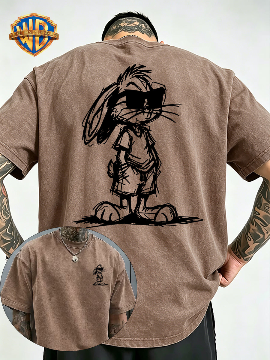 Sunglasses Pocket Rabbit Roadrunner Front And Back Print Washable T-Shirt, American Retro Distressed Style Loose Short Sleeve, Unisex Machine Washable T-Shirt, Suitable for Daily Wear, Commuting And Outdoor Outfits - Khaki
