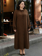 Eid Al-Fitr Abaya Dress Elegant Women'S Dress Solid Color Ruffle Round Neck Drawstring Button Long Sleeve Dress Casual Home Commute Dress - Dark Brown