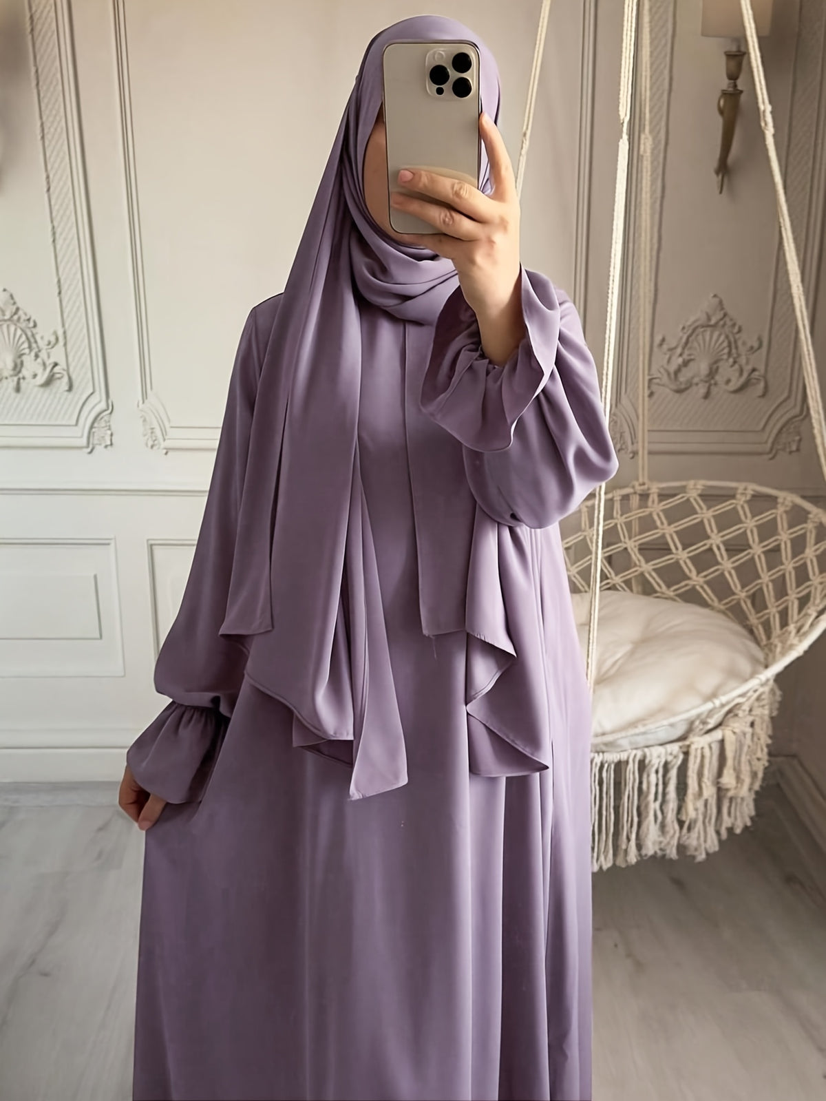 1pc Fashionable, Elegant And Casual One-Piece Solid-Colored Bellows Sleeve Suitable for Daily Wear. Loose And Comfortable Women'S Abaya Robe - Violet