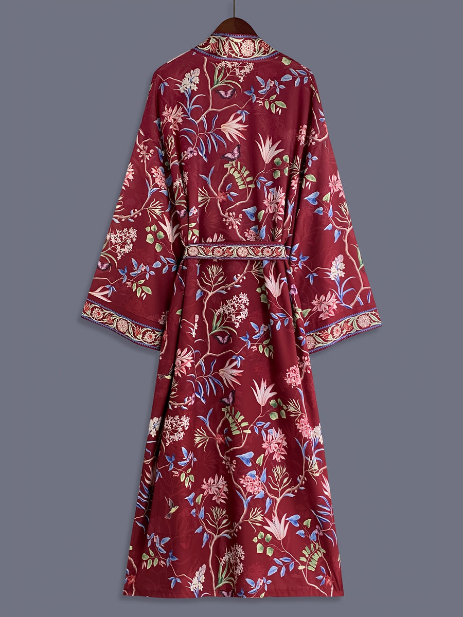 Bohemian Color-Block Small Floral Print Mid-Length Long Sleeve Kimono Cardigan Thin Jacket Women'S Elegant Casual Cover-Up Beach Vacation Resort Shawl Japanese Style Thin Cloak Jacket Hem Slit Pockets Home Bathrobe Belt Bathrobe Cover-Up Robe - Burgundy