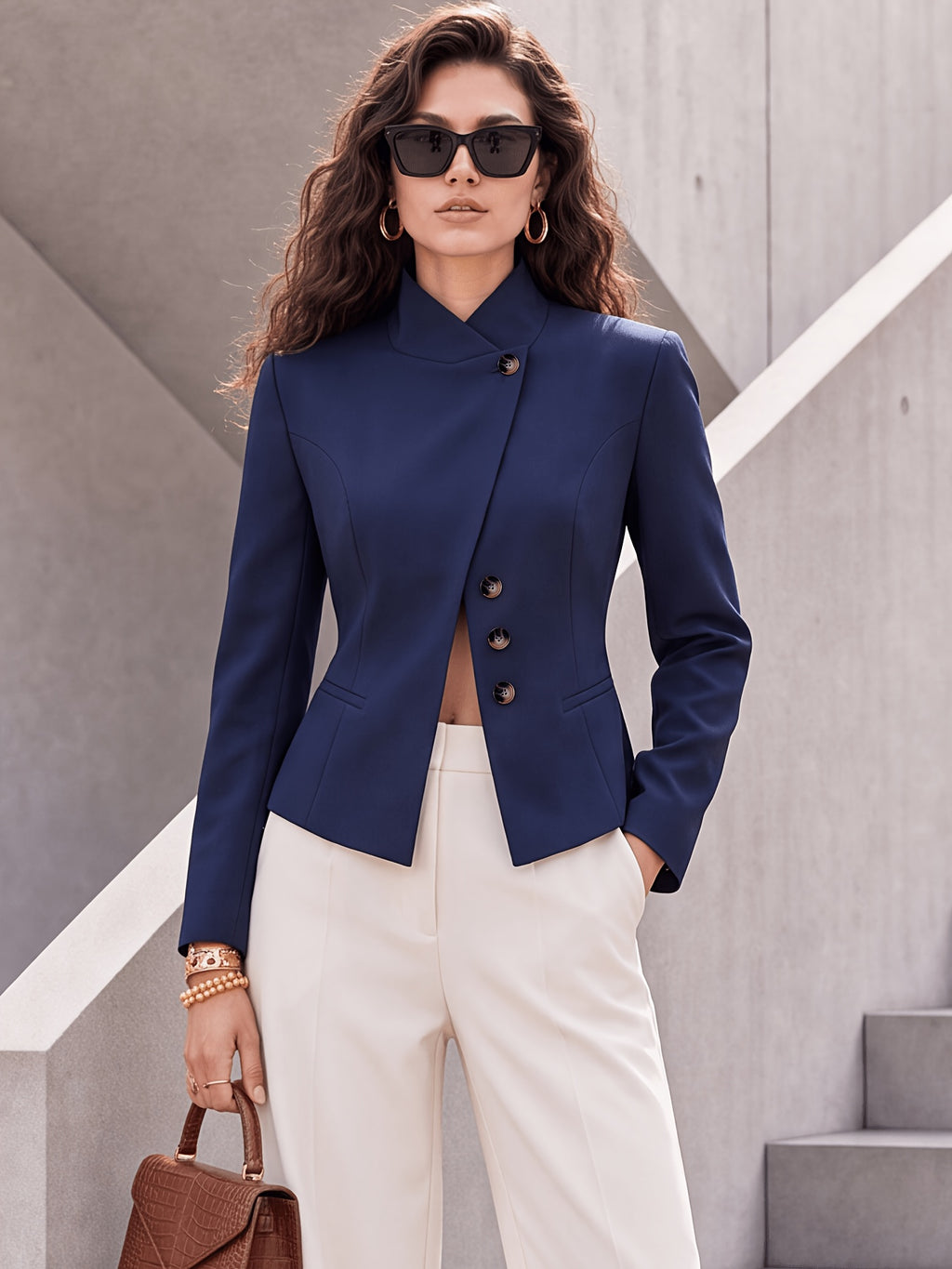 Stand Collar Asymmetrical Front Closure Single Button Solid Color Long Sleeve Versatile Suit Jacket with Lining And Pockets - Dark Blue