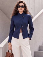 Stand Collar Asymmetrical Front Closure Single Button Solid Color Long Sleeve Versatile Suit Jacket with Lining And Pockets - Dark Blue