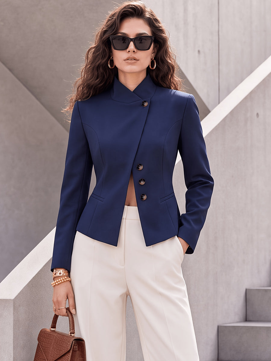 Stand Collar Asymmetrical Front Closure Single Button Solid Color Long Sleeve Versatile Suit Jacket with Lining And Pockets - Dark Blue