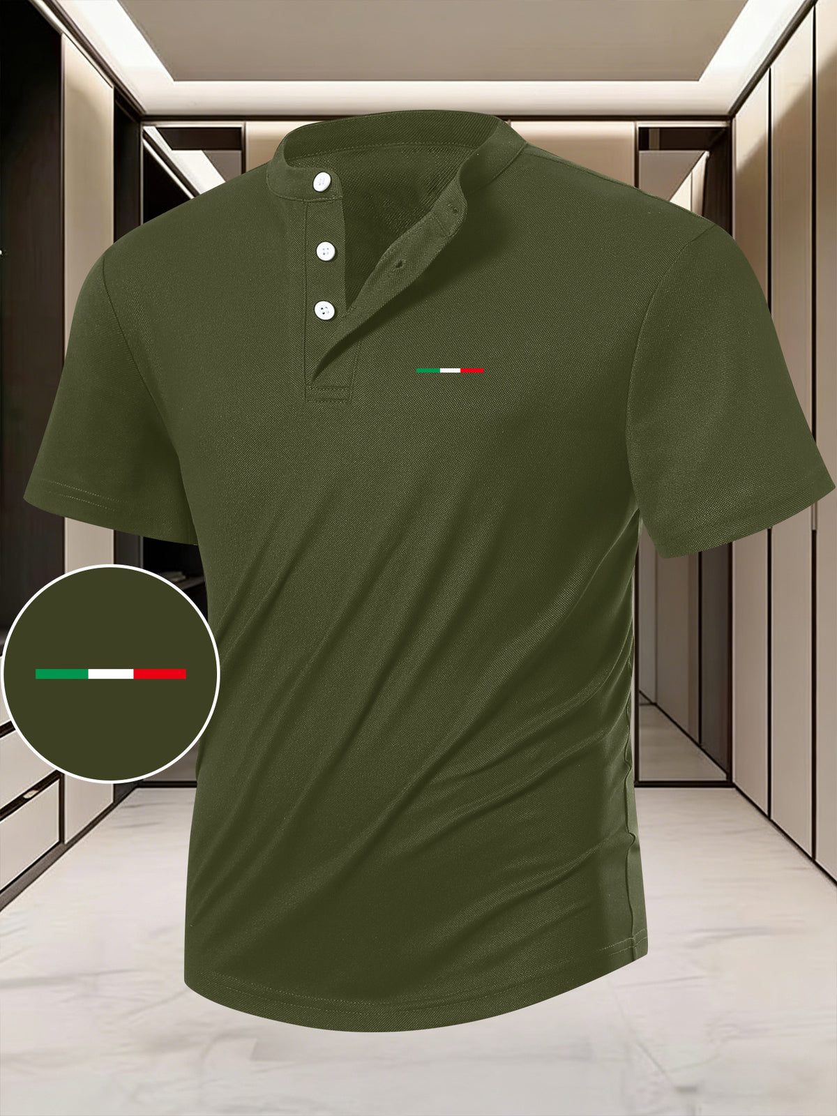 Men's Summer Short-Sleeve Henry Button-Front Shirt - Breathable Round Neck T-Shirt Suitable for Outdoor & Daily Wear, Casual Button Collar Blouse Style Top, Machine Washable Regular Fit for Warm Weather Wardrobe - Olive Green