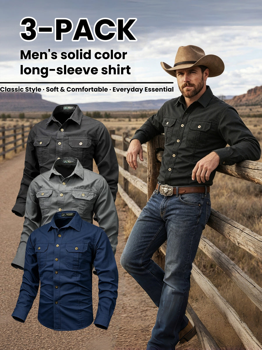 Men'S 3pcs Set of Solid Color Long-Sleeve Work Shirts, Double-Pocket Practical Western Style Shirts, Suitable for Outdoor, Construction Site, Commuting And Various Indoor/Outdoor Scenarios, Autumn Menswear - Black+gray+blue