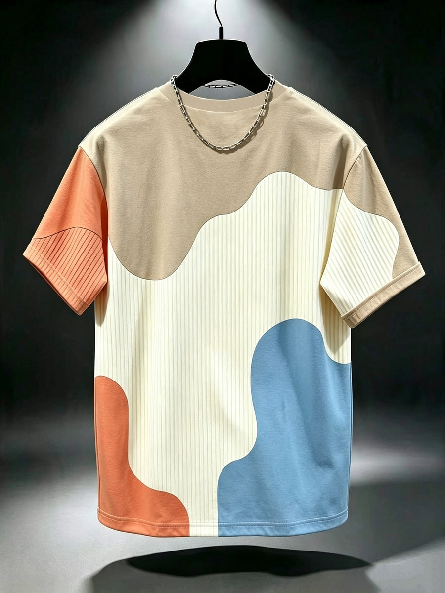 Printed Design - Non-Textured Men's Casual Crew Neck T-Shirt, Geometric Pattern Patchwork Stripe Design, Chicago Word "Chicago" Graphic, Draping Fashion Top, All-Season Wear, Breathable Regular Fit for Daily and Formal Outfits - Crew Neck Casual Top - Mixed colors