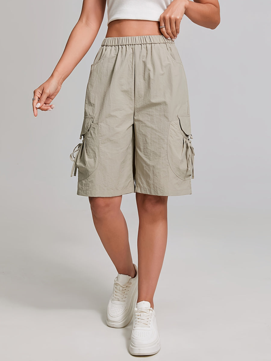 Women'S American-Style Quick-Dry Cargo Pants with Large Pockets, High-Waisted, Casual Straight-Leg, Knee-Length Shorts with Elastic Waistband, Machine Washable - Khaki