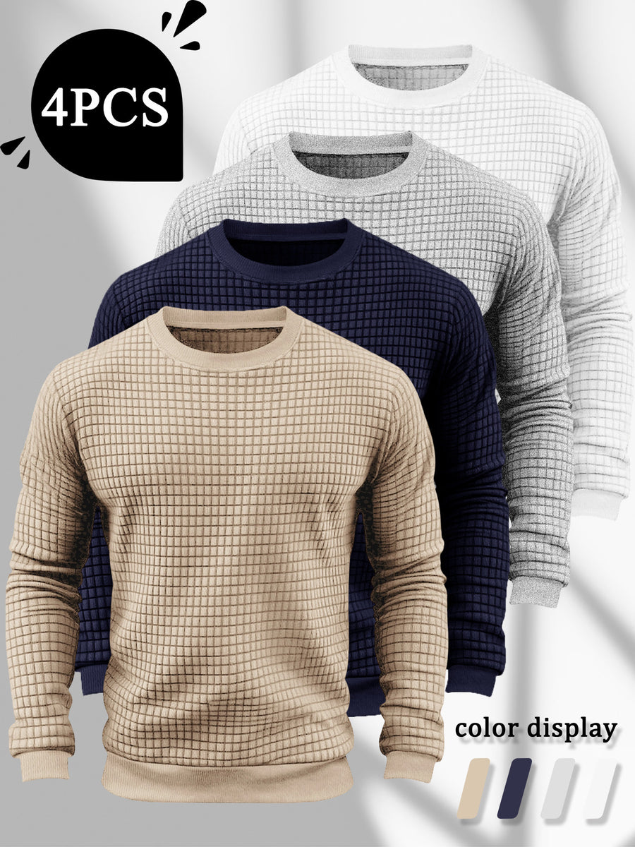 4pcs Men's Textured Sweatshirt, Fashionable Jacquard Texture Crew Neck Sweatshirt, Three-Dimensional Pineapple Check Pattern Solid Color Pullover, Spring and Autumn Warm Long-Sleeve Sweatshirt, Men's Fashionable Solid Color Simple Lightweight - Khaki + Navy Blue + Light Gray + Natural White
