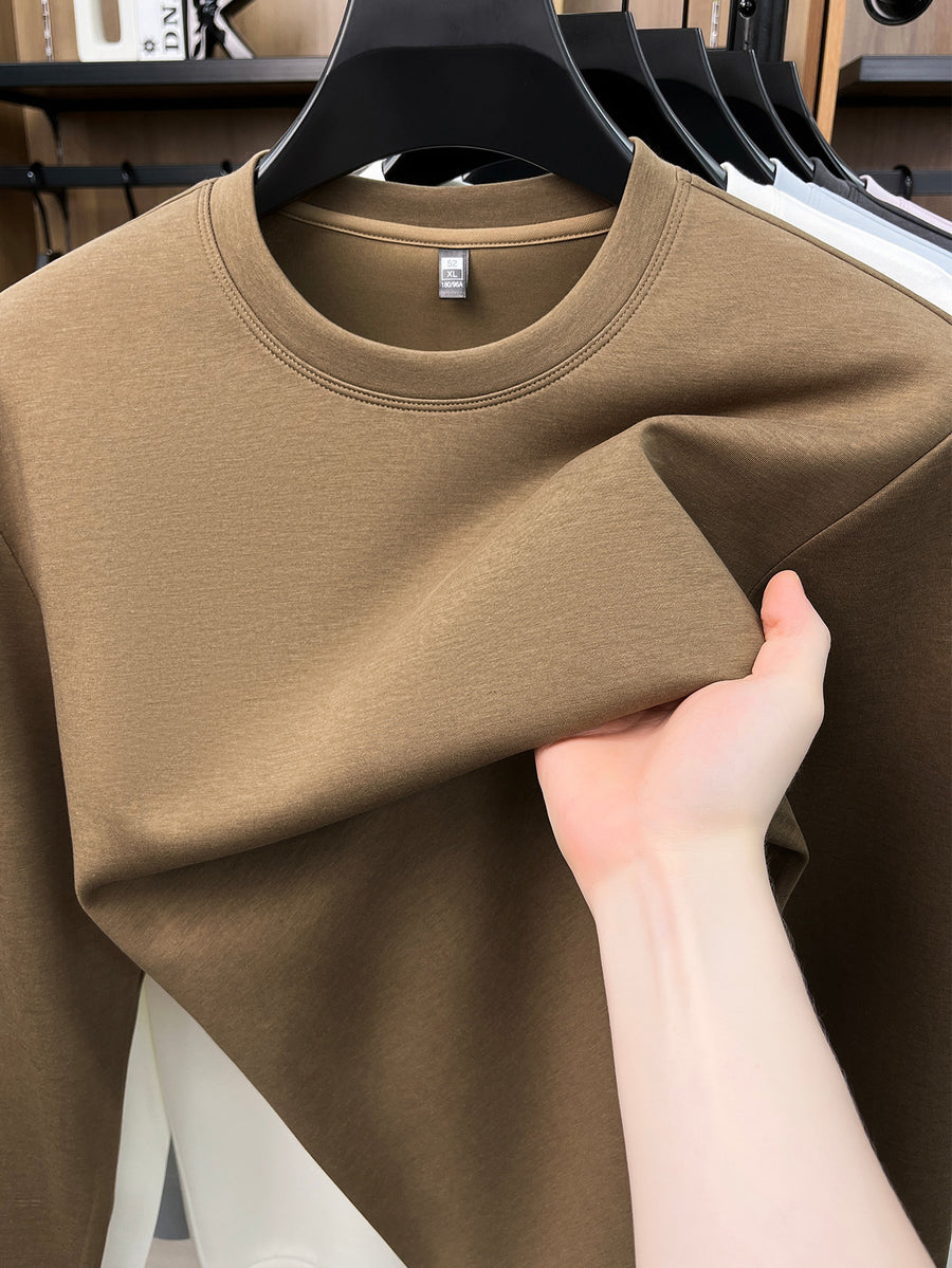 Spring And Autumn High Quality Round Neck Long Sleeve Base Layer Versatile Casual Solid Color Men'S Sweater, Home Casual Inner Wear Skin-Friendly Warm Multi-Color Available Men'S Top, Durable Comfortable Pullover LS3351 - Light Coffee