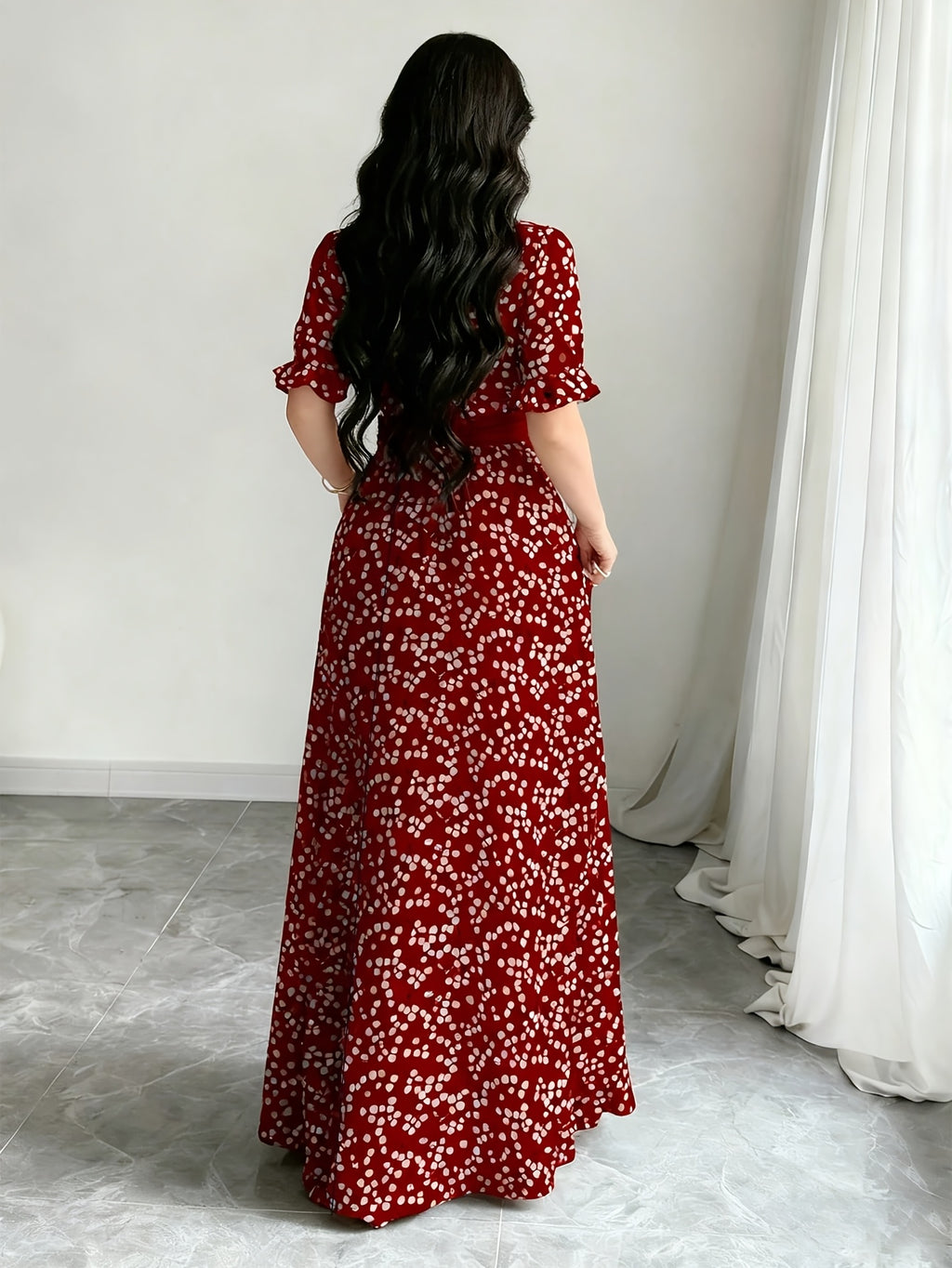 Women'S Printed Round Neck Casual Waist Dress - Red