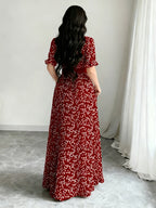 Women'S Printed Round Neck Casual Waist Dress - Red