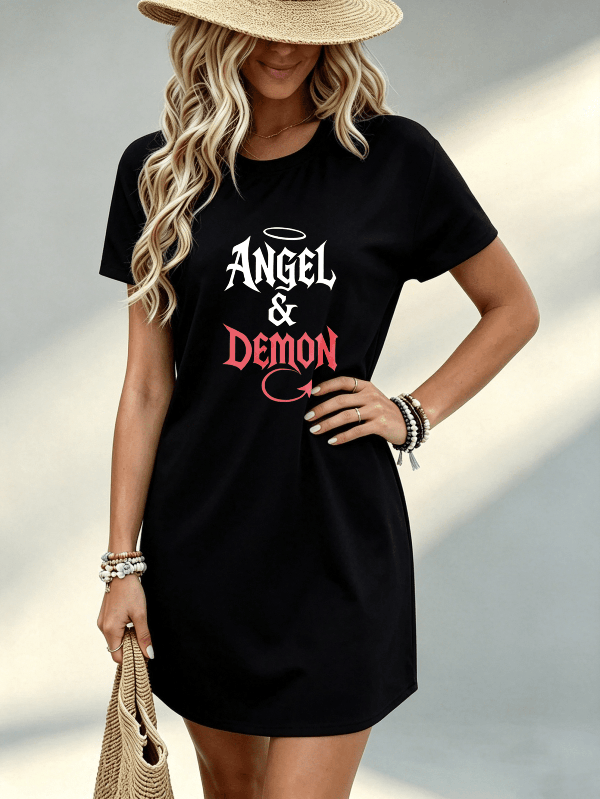 Printed Design Not Textured, Casual Women Dress, Angel And Demon Graphic Print, Beach Vacation, Gift for Girlfriend - Black