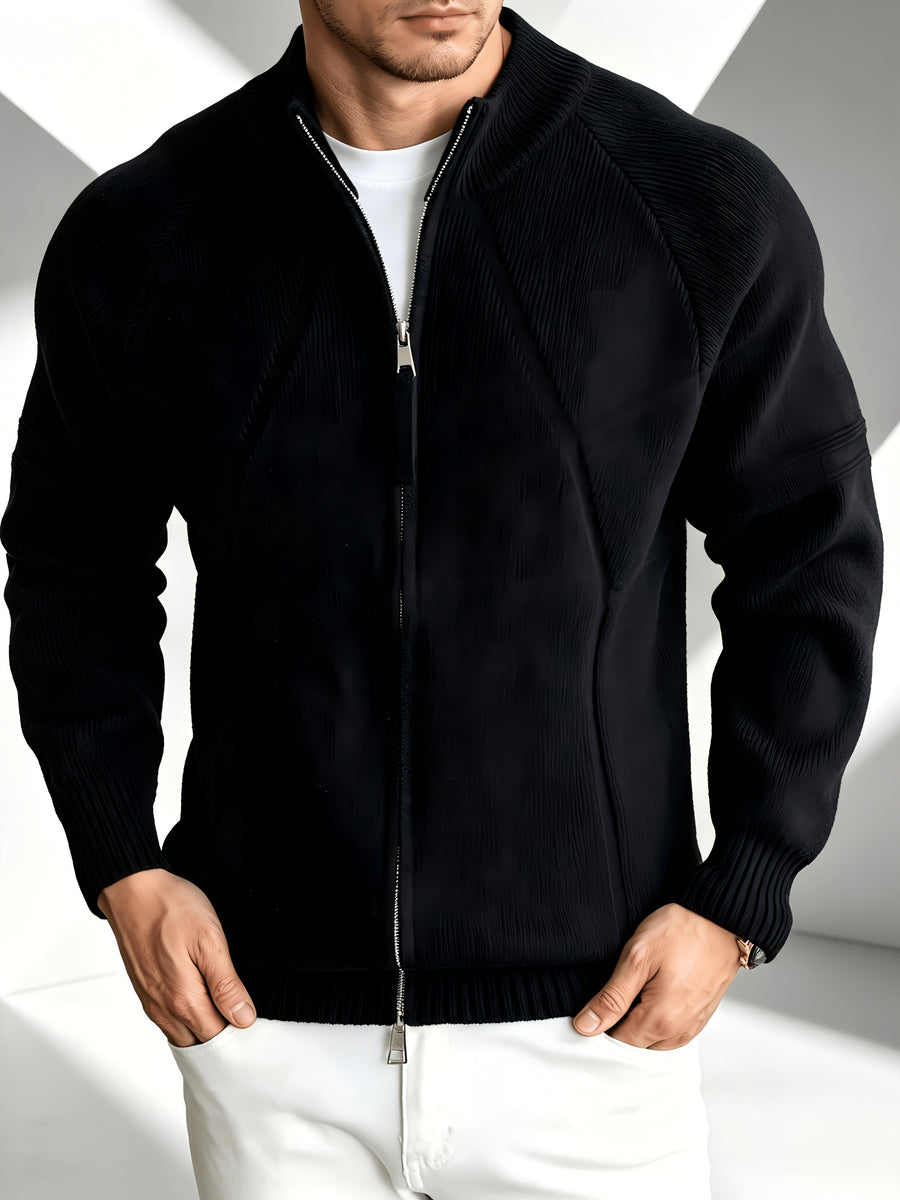 Business Mature Casual Men'S Full-Zip Knit Cardigan, Stand Collar Off-Shoulder Geometric Texture Fabric, Ribbed Trim Knit Jacket, Fall Winter Daily Office And Weekend Wear - Black