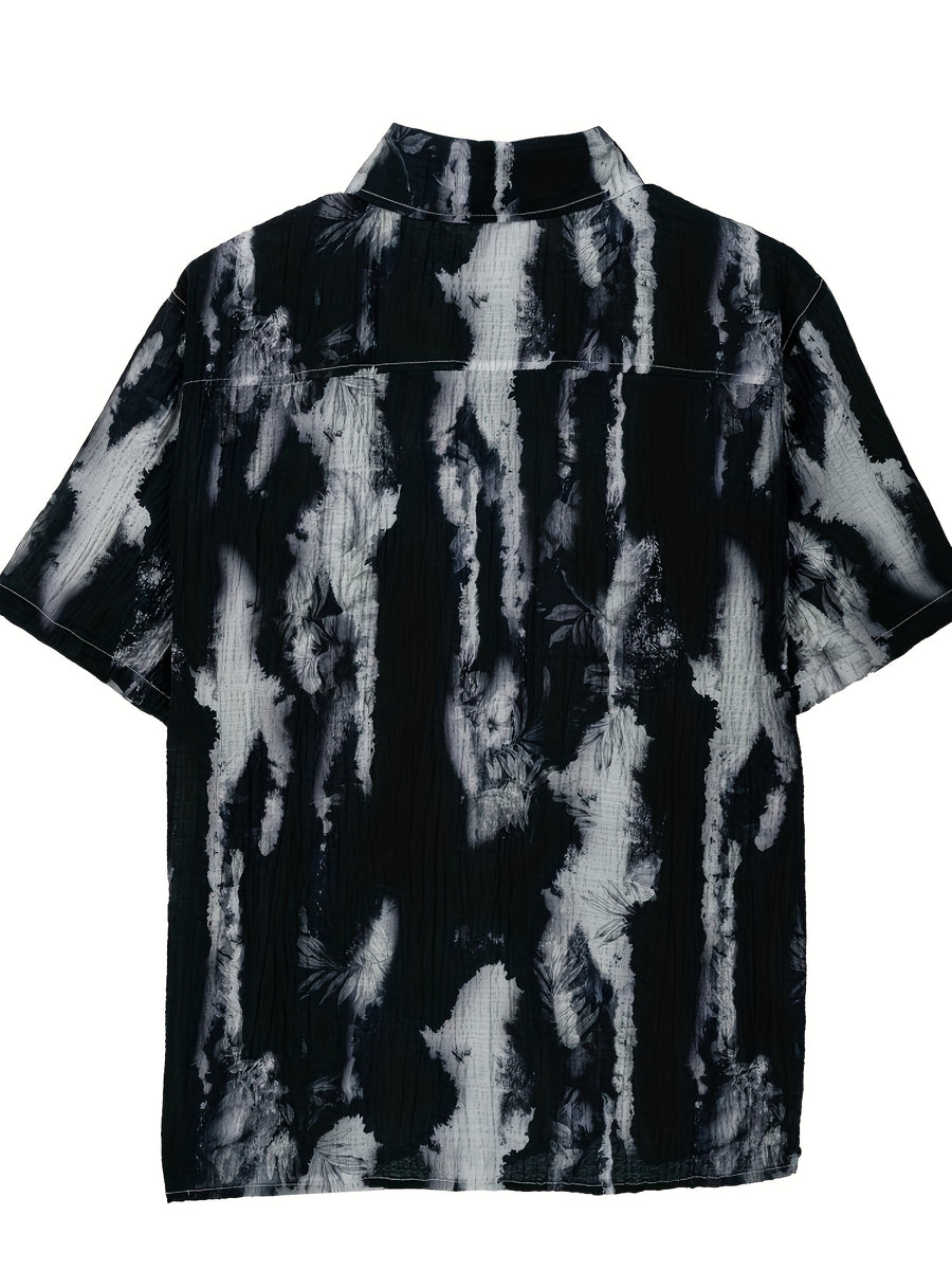 Hot-weather Guys, Check This Out! Summer Lightweight Tie-dye Short-sleeve Shirt, Hawaiian-style Slim-fit Beach Vacation Top, Chinese Size, Please Check The Size Guide Carefully - Black