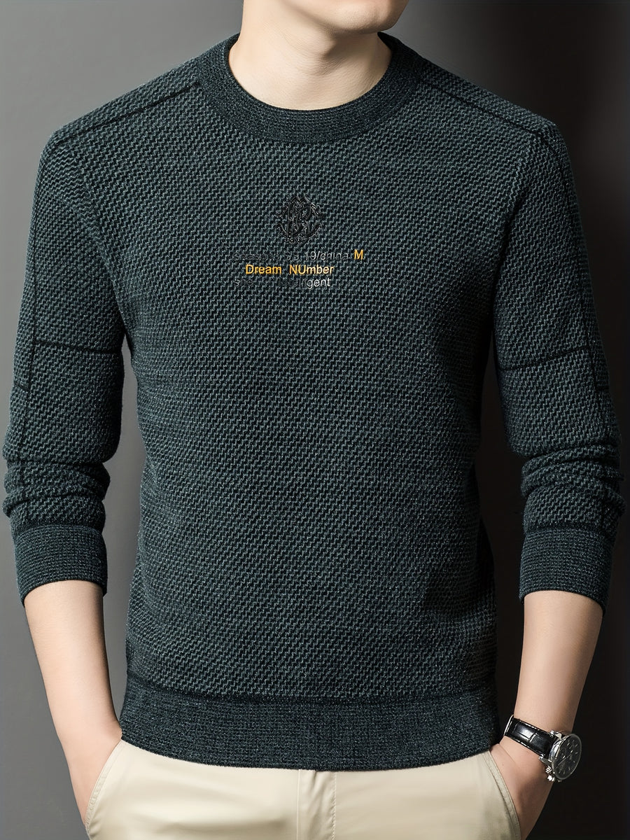 New Winter Men's Sweater, Crew Neck, Thickened and Warm, Men's Winter Clothing, Fashionable, Casual, and Comfortable Pullover Knitwear, Men's Winter -Lined Sweater, Men's Apparel with Letter Chest Logo, Winter Gift for Men - Dark Green