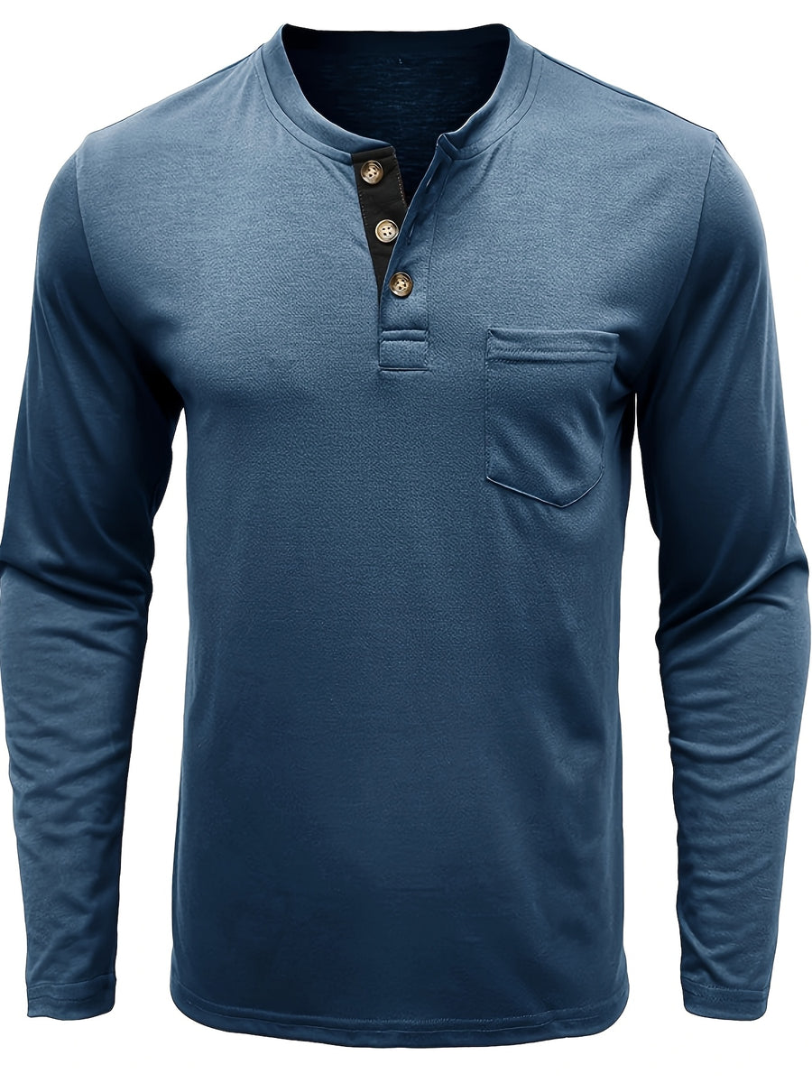 Joshmei OBM Men's Long Sleeve Crew Neck Henley Shirt Two-pc - Denim Blue Khaki